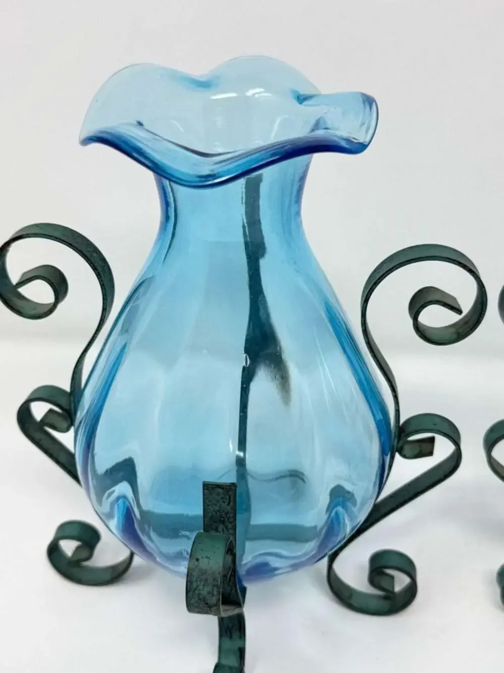 Set of 2 Vintage Blue Blown Glass Vases with Wrought Iron Scroll Stands